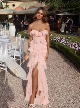 Vestido de noche de sirena con volantes y abertura, estilo encantador, color rosa gasa, modelo Y8006