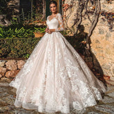 Ramanda Exquisite Lace Appliques Ball Gown Long Sleeves Wedding Dress For Bride Buttons Illusion Back Court Train Bridal Gown