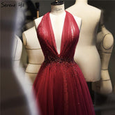 On Sale no return no refundSale Red Halter Sexy Sleeveless Evening Dresses 2025 Crystal A-Line Tulle Formal Dress Design LA70348