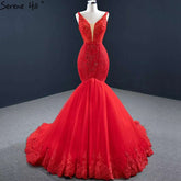 Red Mermaid Sexy Sleeveless Evening Dresses 2025 V-Neck Beading Crystal Lace Formal Dress HM67151