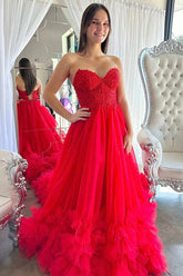 Tulle A-line Sweetheart Prom Dresses With Ruffles, Party Dresses
