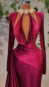 Vestido de noche sexy de terciopelo de manga larga, elegante vestido de noche Y4934