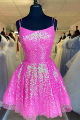 Lindo vestido de fiesta de bienvenida de lentejuelas rosa intenso corte en A Y1641
