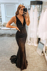 Robe de soirée longue sirène en dentelle noire et perles, col en V, Y78