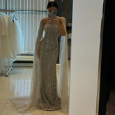 Caramel Elegant Cape Sleeves Beaded Mermaid Luxury Dubai Evening Dresses Gowns For Women Wedding Party 2025 LA71905B