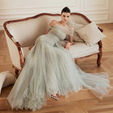 Mint Green Off Shoulder Tulle Evening Gown with Layered Skirt for Formal Occasion LA72899 2025