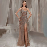 Luxury Dubai Caramel Spaghetti Strap Mermaid Beaded Evening Dresses Gowns For Women Wedding Party 2025 LA72579