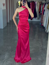 Elegant One Shoulder Hot Pink Satin Sheath Prom Dress Long Evening Dress Y8419
