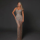 Luxury Dubai Arabic Silver Strapless Mermaid Evening Dresses Gowns Pearls Beaded for Women Wedding Party 2025 LA72576