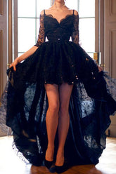 Robe de soirée asymétrique en dentelle à manches courtes et bretelles,