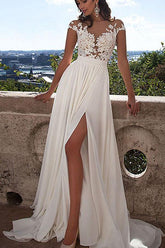 White Lace A-Line Front Split Wedding Dresses With Appliques, Bridal Dress