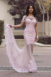 Robe de bal sirène rose en dentelle transparente à manches longues, robes de soirée pas chères, MP324
