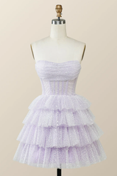 Vestido corto de fiesta de bienvenida color lavanda sin tirantes con cuello drapeado Y2780