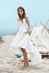 Baoleely White High Low Sweetheart Spaghetti Straps Simple Beach Wedding Dresses, MW223