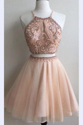 Vestidos baratos de dos piezas con tirantes para baile de bienvenida, vestido corto de graduación con abertura en forma de ojo de cerradura, MH170