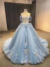Vestido de baile azul de tul y encaje con hombros descubiertos, vestido para quinceañera Y6855