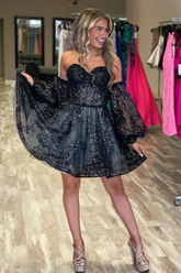 Vestido corto de fiesta de bienvenida, corte A, bustier de encaje negro con manga desmontable Y3000
