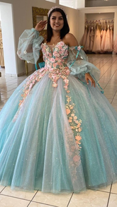 Vestido de quinceañera azul hielo con flores 3D, elegante vestido de baile Y2990