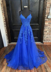 Robe de bal en tulle bleu arabe 2025, coupe trapèze, bretelles spaghetti, avec applications, pour soirée femme, LA72678