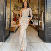 Vestido de noche gris nude de un solo hombro, elegante y con cuentas, estilo sirena, para mujer, ideal para fiestas (LA71886)