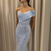 Robe de soirée sirène asymétrique bleu arabe 2025, luxueuse robe de soirée avec perles, pour femme, LA72370