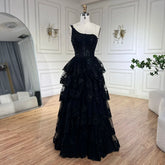 Robe de bal élégante noire style arabe, asymétrique, à volants, en dentelle, pour soirée, LA72632, 2025