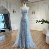 Robe de soirée sirène de luxe bleu arabe 2025, sans bretelles, avec jupe en tulle et perles, pour soirée féminine, LA72639
