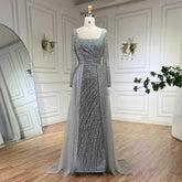 Robe de soirée de luxe style sirène, style arabe, Dubaï, gris argenté, détachable, avec perles, LA71618L