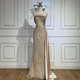 Robe de soirée de luxe style sirène en satin, couleur chair, sans bretelles, avec perles, style Dubaï, avec jupe latérale, pour femme, LA72665