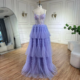 Robe de soirée de luxe à bretelles spaghetti style arabe lilas 2025, coupe trapèze, avec appliques en dentelle, pour soirée, LA72618