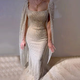 Robe de soirée élégante style sirène, couleur chair, style arabe, manches cape, perles, luxueuse, pour femme, tenue de mariage, LA72320, 2025