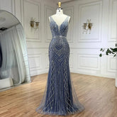 Robe de soirée sirène bleue élégante à bretelles spaghetti et perles, luxueuse, pour femme, tenue de mariage, LA72450, 2025