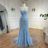 Robe de soirée de luxe sirène bleue à bretelles spaghetti et perles avec dos lacé pour mariage, LA72624