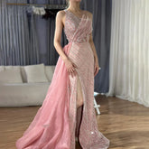 Robe de soirée saoudienne bleue asymétrique fendue, avec jupe latérale perlée, pour une occasion formelle, LA72732, 2025