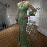Vestido de noche de sirena de lujo, elegante, verde salvia, con cuello halter y cuentas, para ocasiones formales (2025), Saudi LA72737