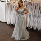 On Sale no return no refund 2025 Grey Luxury A Line Evening Dresses with Short Sleeves and Beaded Elegant Gowns for Women's Party LA70976