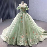 Vestido de novia elegante de cuello barco, color verde salvia, con apliques, estilo Dubai, de alta gama, confeccionado a medida para 2025 (HM222240B).