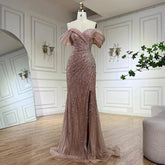 Robe de soirée de luxe rose style sirène, épaules dénudées, avec perles et fente latérale, pour une occasion formelle, Saudi LA72481, 2025