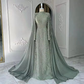 2025 muslim Sage Green Mermaid Cape Sleeves Beaded Satin Luxury Evening Dresses Gowns for Women Party LA72413