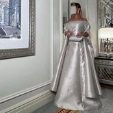 2025 Luxury Off Shoulder A Line Gray Satin Evening Gown Pearl Beaded for Formal Occasion LA72779