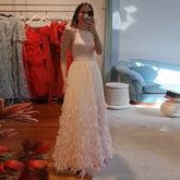 Robe de soirée de luxe saoudienne à plumes roses, coupe trapèze, ornée de perles, pour une occasion formelle, LA72721, 2025