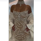 Robe de soirée sirène blanche à perles pour femme, style saoudien, pour mariage, LA72802, 2025