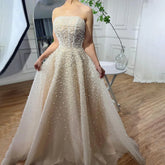 Arabic Beige Strapless Beaded Elegant A Line Long Evening Dresses Gowns For Women Wedding Party 2025 LA72009