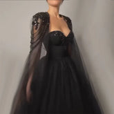 Arabic Black Elegant Cape Sleeve A Line Beaded Lace Up Evening Dresses Gowns For Women Wedding Party 2025 LA72392