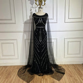 Arabic Black Mermaid Gown with Cape Sleeves and Beaded Luxury | Evening Dresses for Women Wedding Party 2025 LA72423