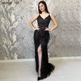 Arabic Black Spaghetti Strap Split Feathers Beaded Mermaid Evening Dresses Gownsfor Women Wedding Party 2025 LA70623