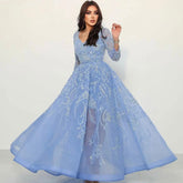 Arabic Blue A-Line Evening Dresses Gowns Luxury Beaded Long Sleeves 2025 For Woman Party LA71596