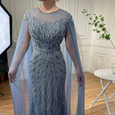 Robe de soirée sirène bleue de luxe à manches cape, style arabe LA71999