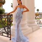 Arabic Blue Elegant Strapless Mermaid Beaded Luxury Dubai Evening Dresses Gowns 2025 for Women's Party LA72328