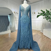 Arabic Blue Mermaid Elegant With Cape Luxury Beaded Feather Dubai Evening Dresses Gowns for Women Party LA71583B